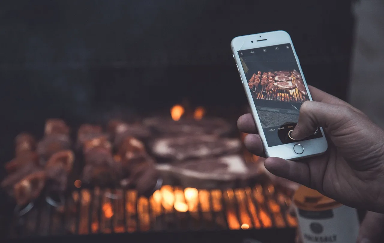 pork, barbecue, grill, fire, flame, cook, food, viand, dish, smoke, camera, smartphone, photography