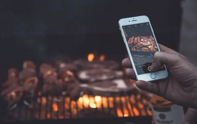 pork, barbecue, grill, fire, flame, cook, food, viand, dish, smoke, camera, smartphone, photography. Food influencers: a benchmark scoring rubric