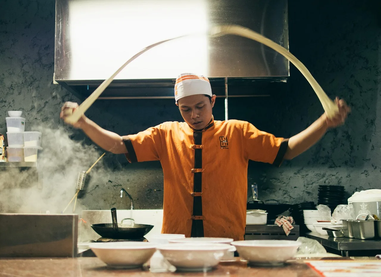 asian cuisine, chef, cooking, cookware, employee, food, indoors, kitchenware, man, motion, noodle making, preparation, restaurant, skill, wear, chef, chef, chef, chef, chef