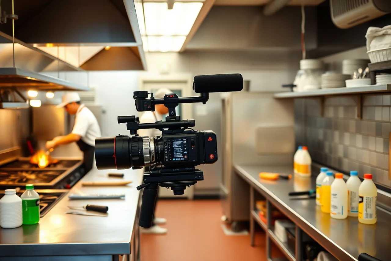 Camera operator filming in a working restaurant kitchen with chefs at the pass (Running food creator partnerships operations without the guesswork)